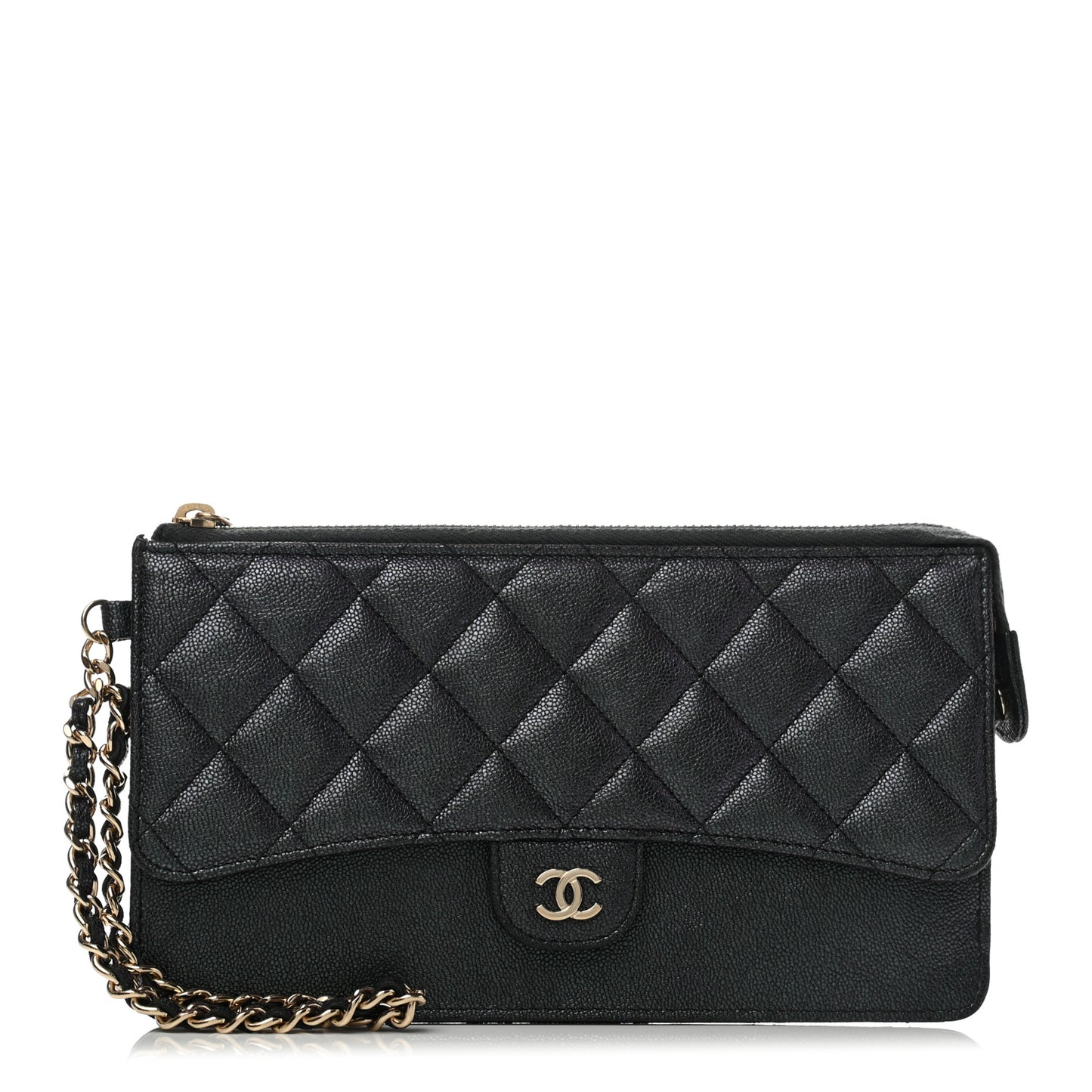 Iridescent Caviar Quilted Classic Pouch With Handle Black