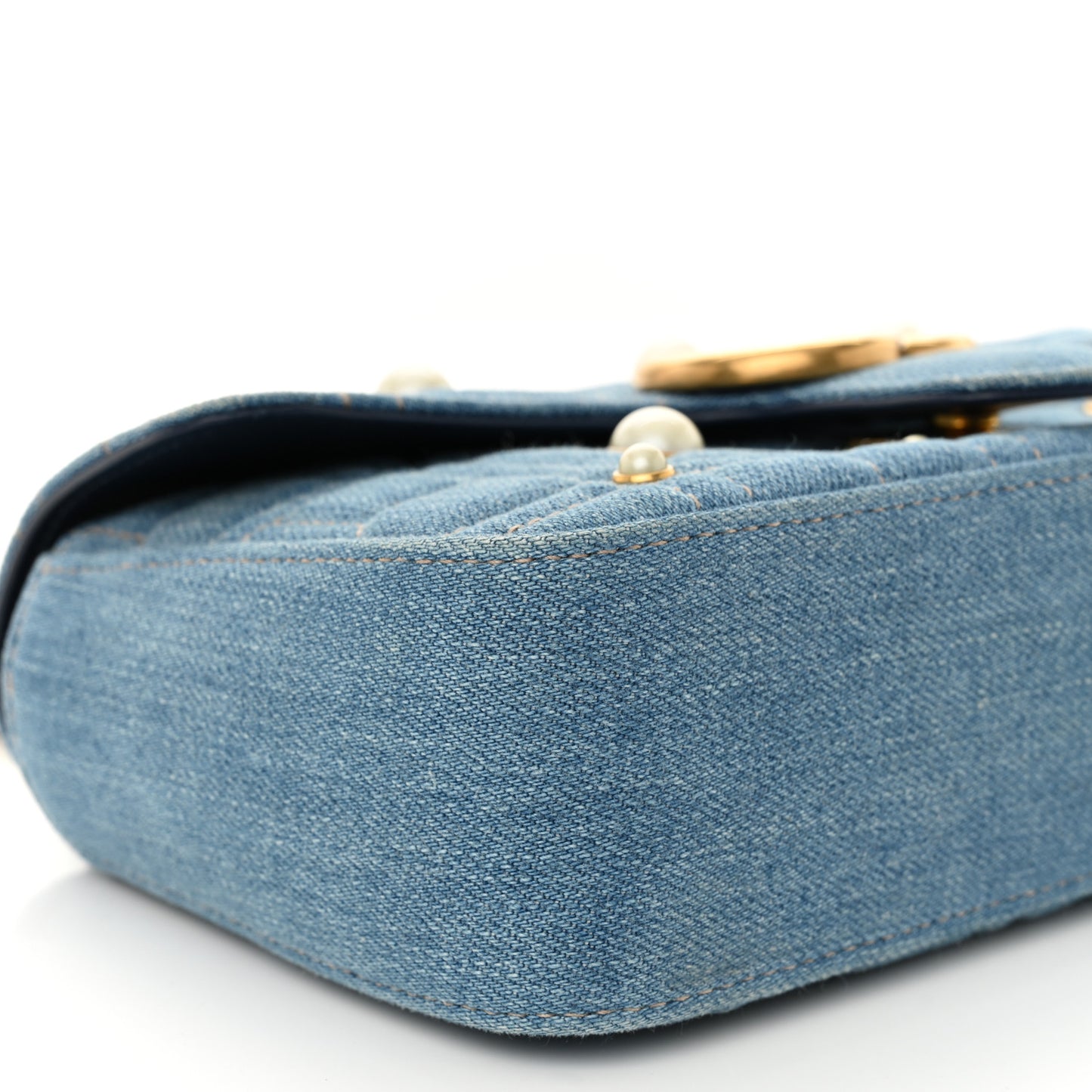 Denim Matelasse Pearl Studded Mini GG Marmont Shoulder Bag Blue