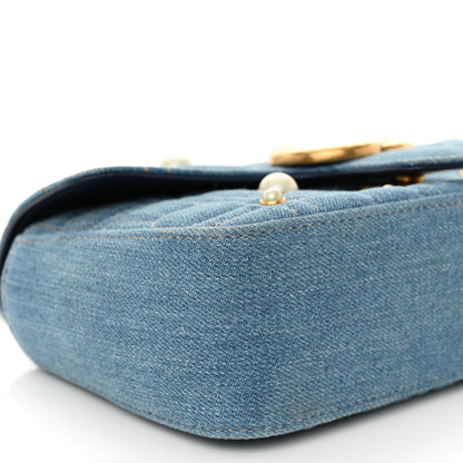 Gucci Denim Matelasse Pearl Studded Mini GG Marmont Shoulder Bag Blue 10 of 11