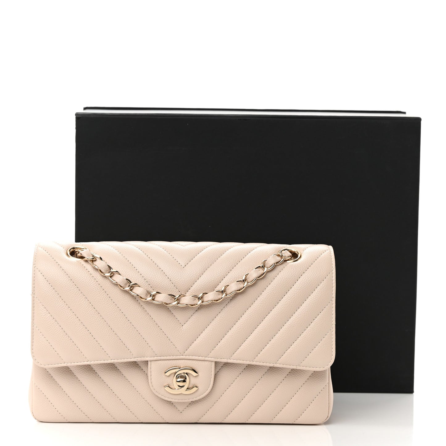 Caviar Chevron Quilted Medium Double Flap Beige