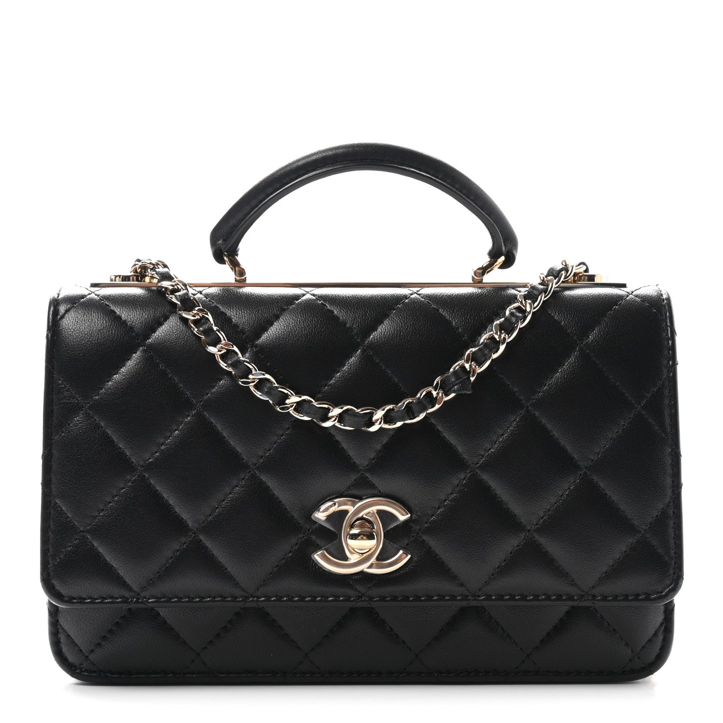 Lambskin Quilted Trendy CC Dual Handle Clutch With Chain Black