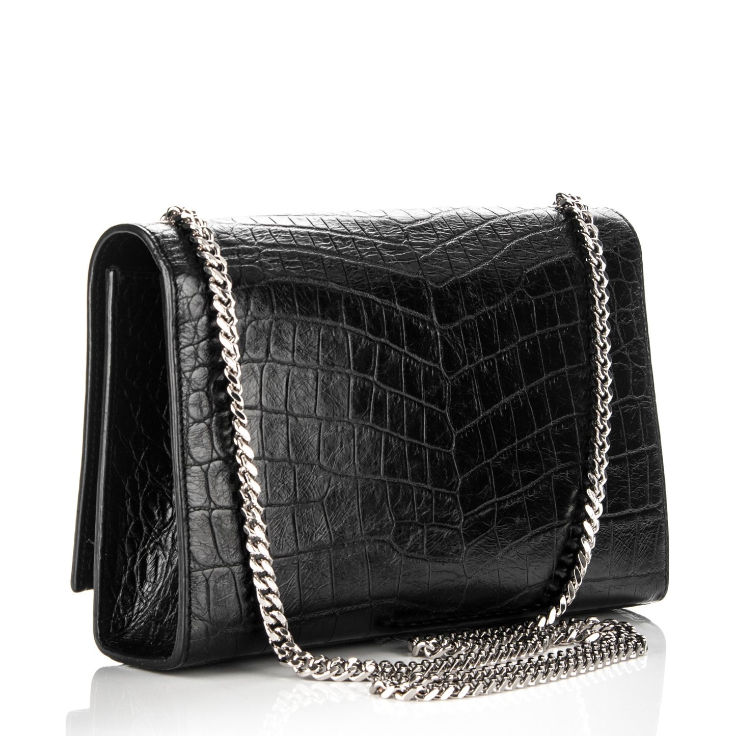 Calfskin Crocodile Embossed Medium Classic Monogram Kate Tassel Satchel Black