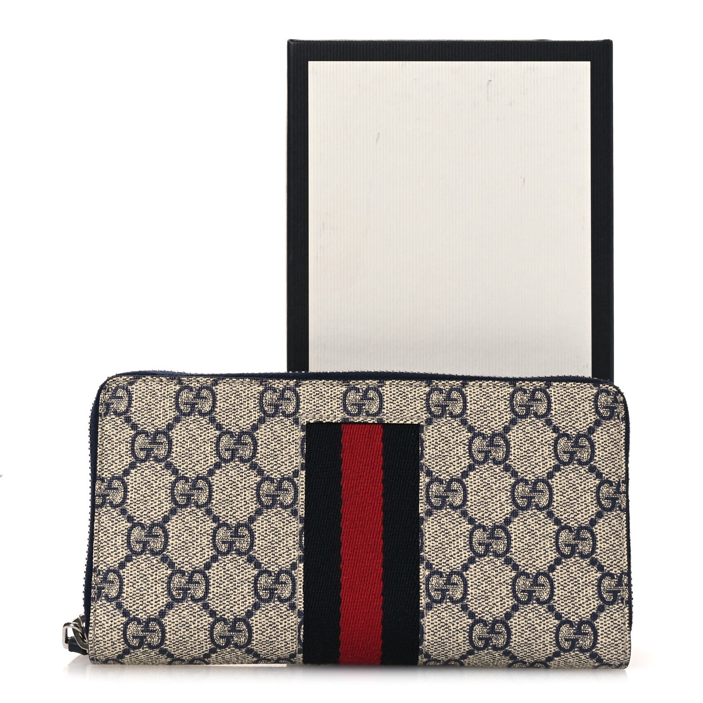 GG Supreme Monogram Web Zip Around Wallet Beige Blue