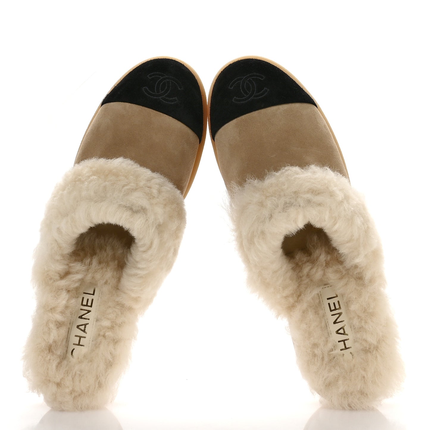 Suede Shearling CC Cap Toe Mules 41 Beige Black