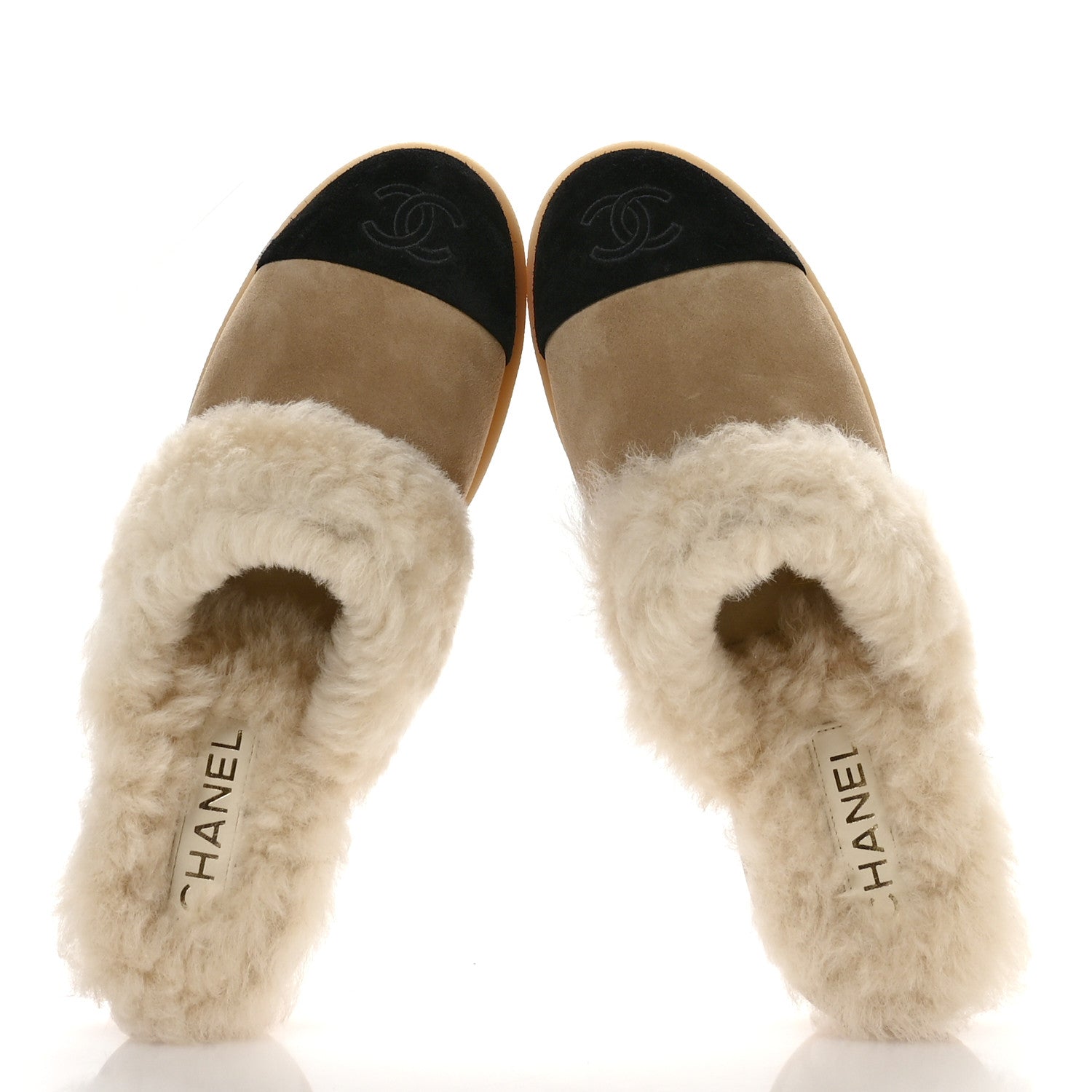 Chanel Suede Shearling CC Cap Toe Mules 41 Beige Black 2 of 8