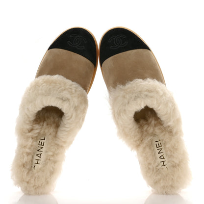 Chanel Suede Shearling CC Cap Toe Mules 41 Beige Black 2 of 8