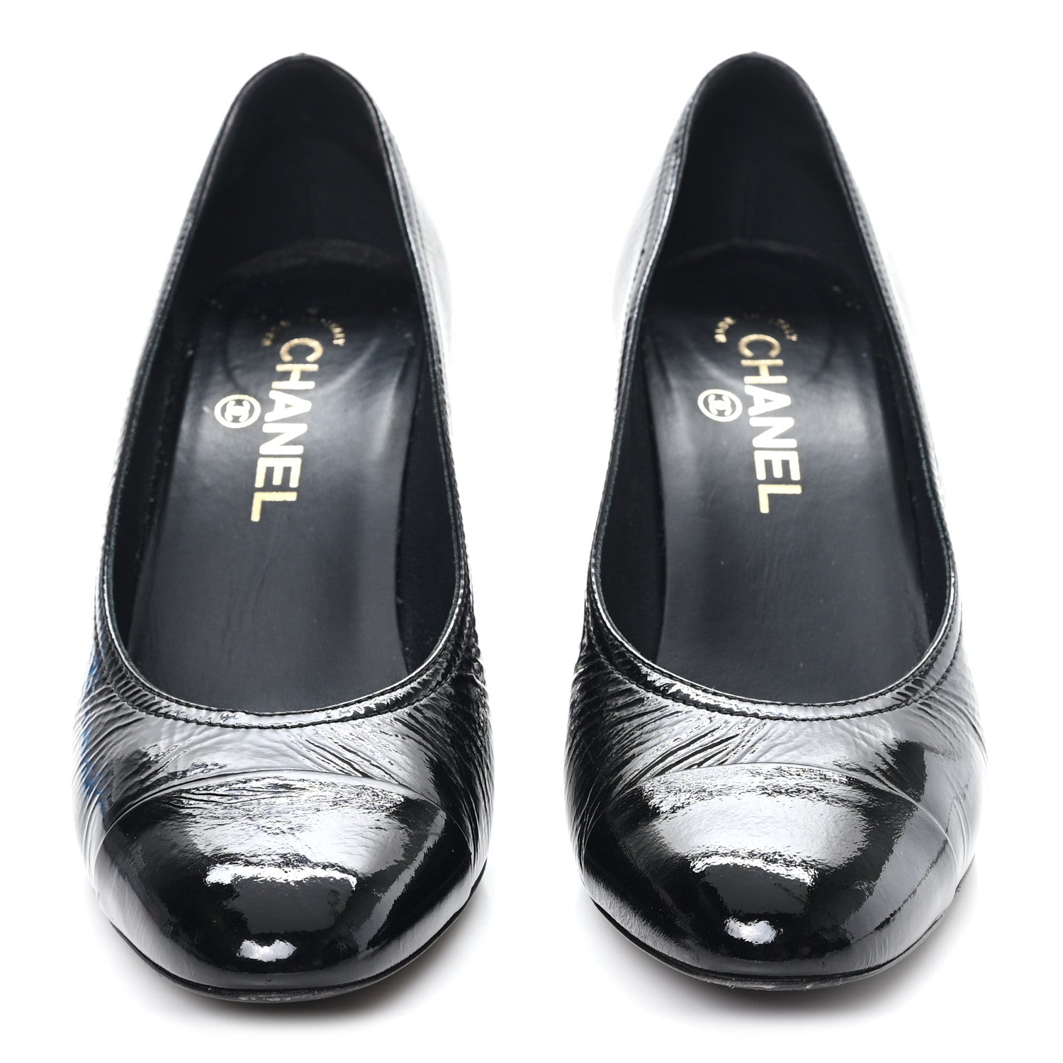 Chanel Crumpled Goatskin Patent Calfskin Crystal Cap Toe Logo Pumps 39 Black 3 of 10
