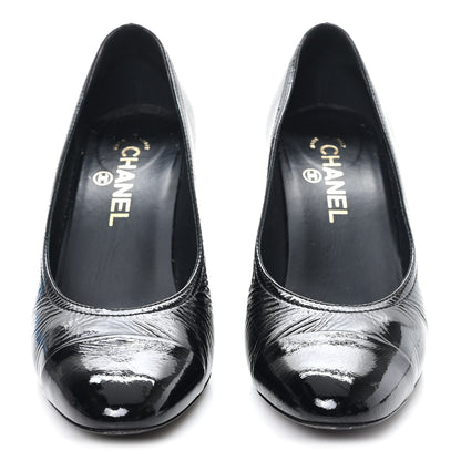 Chanel Crumpled Goatskin Patent Calfskin Crystal Cap Toe Logo Pumps 39 Black 3 of 10