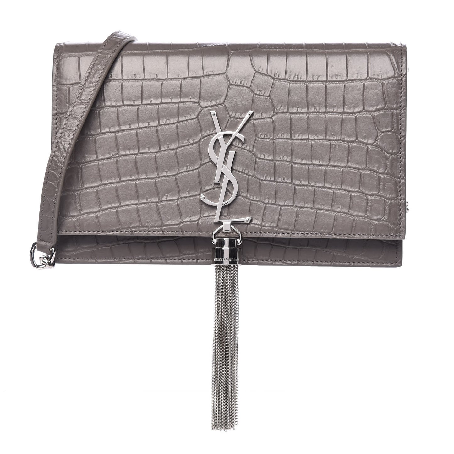 Calfskin Crocodile Embossed Kate Monogram Tassel Chain Wallet Fog