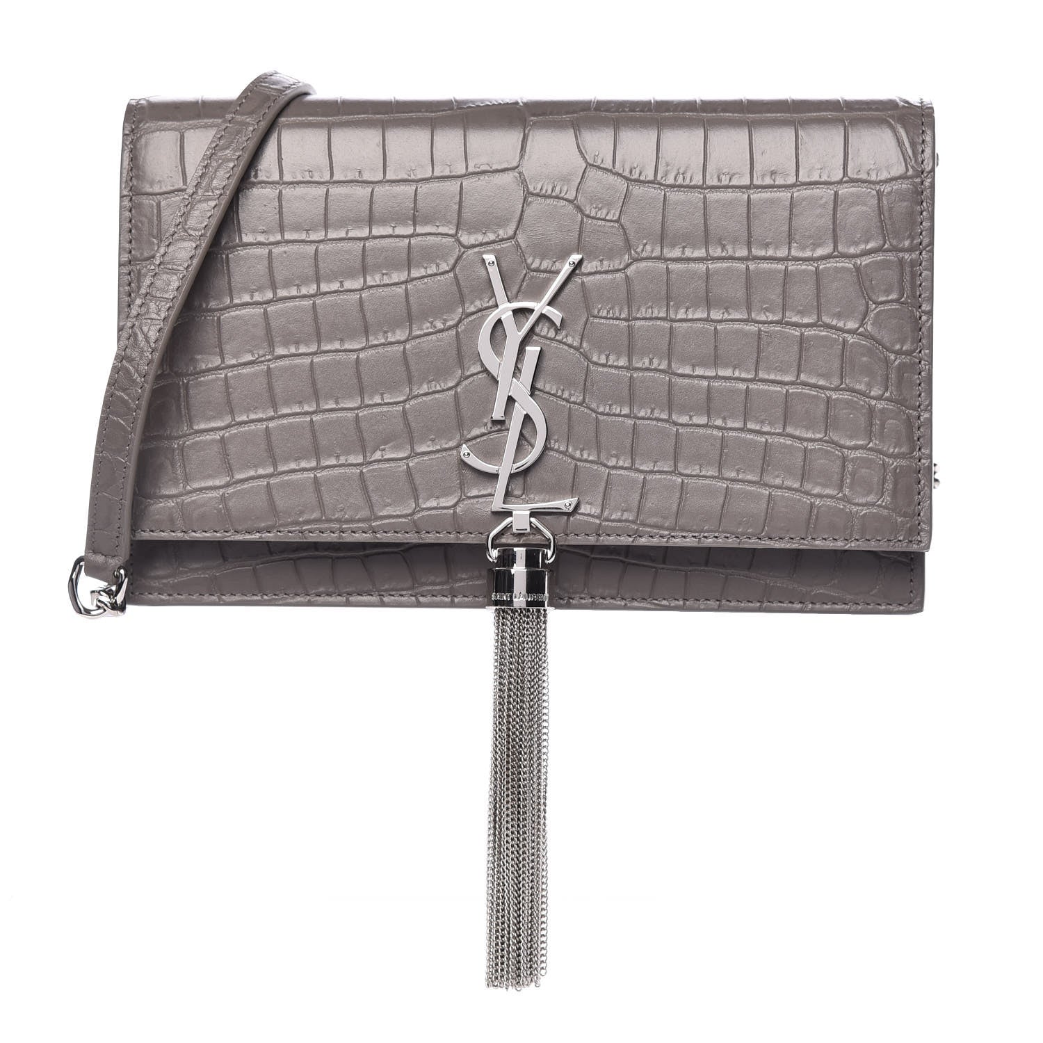 Saint Laurent Calfskin Crocodile Embossed Kate Monogram Tassel Chain Wallet Fog 1 of 10
