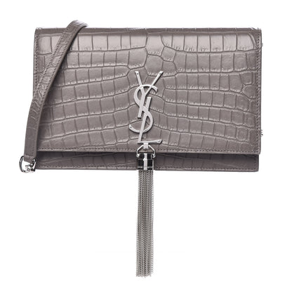 Saint Laurent Calfskin Crocodile Embossed Kate Monogram Tassel Chain Wallet Fog 1 of 10