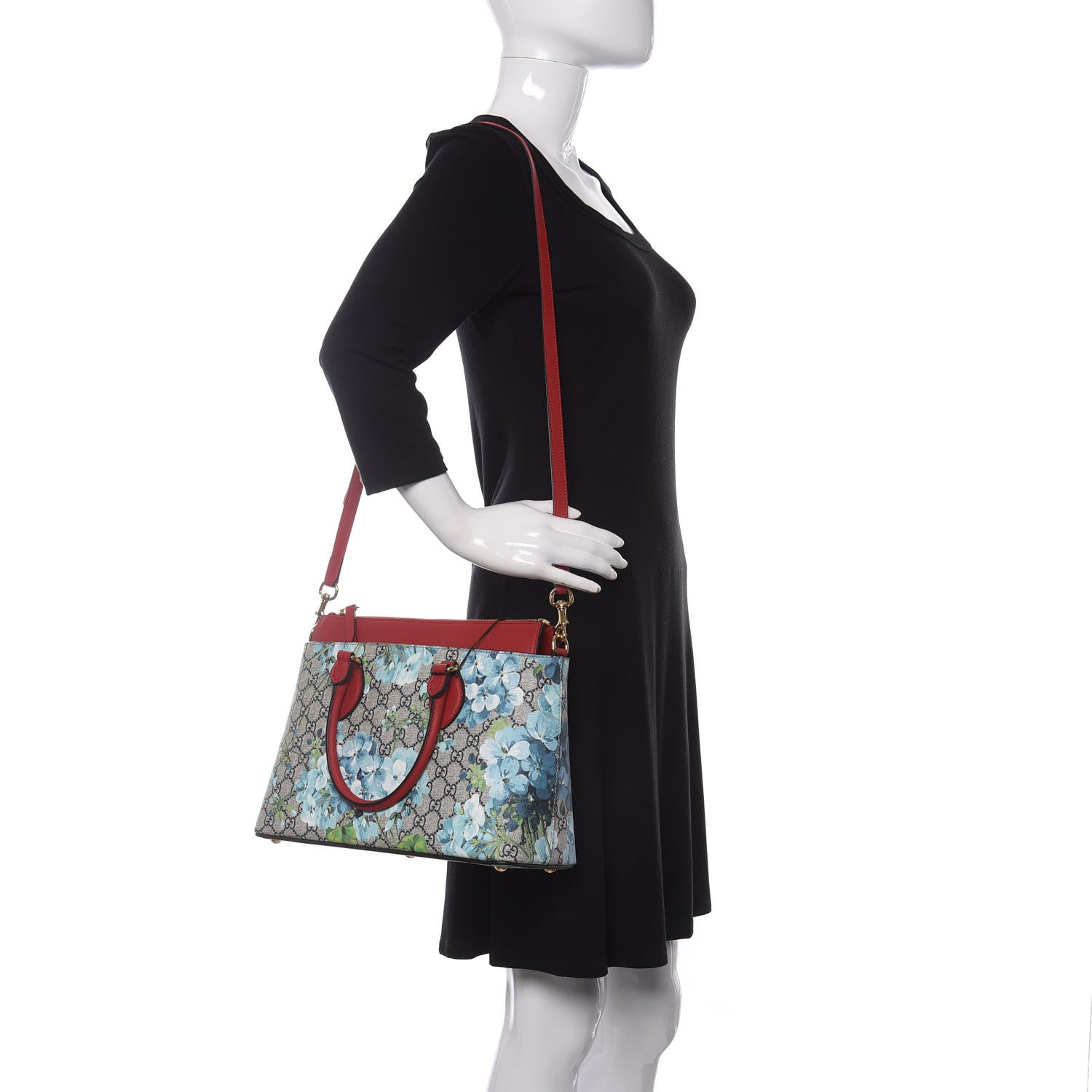 Gucci GG Supreme Monogram Blooms Medium Zip Top Tote Beige Blue Navy Hibiscus Red 2 of 10