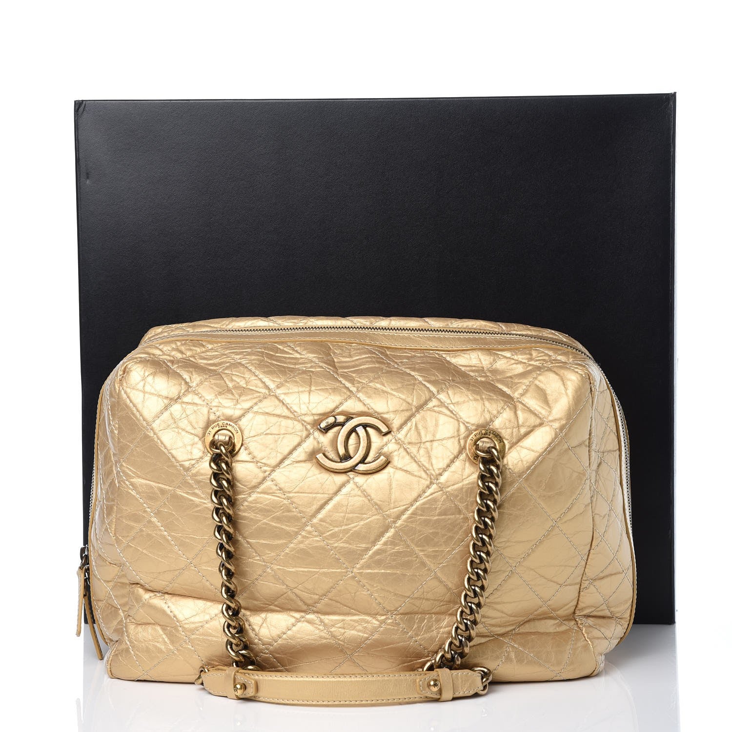 Chanel Metallic Aged Calfskin Quilted Large Secret Tag Bowling Bag Gold 10 of 10