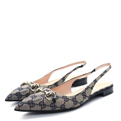 Gucci Monogram Horsebit Womens Slingback Ballet Flat 39 Beige Blue 4 of 10