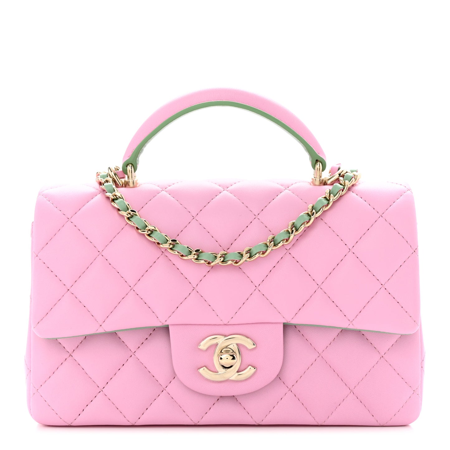 Lambskin Quilted Mini Top Handle Rectangular Flap Lilac Light Green