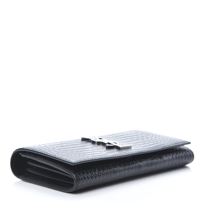 Saint Laurent Calfskin Crocodile Embossed Monogram Flap Wallet Black 4 of 10