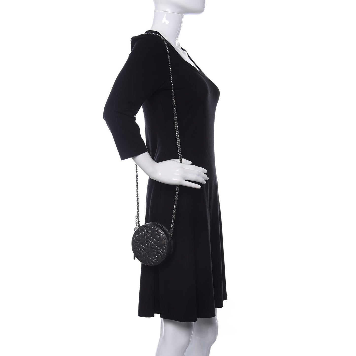 Goatskin Camellia Quilted Round Clutch With Chain Grey