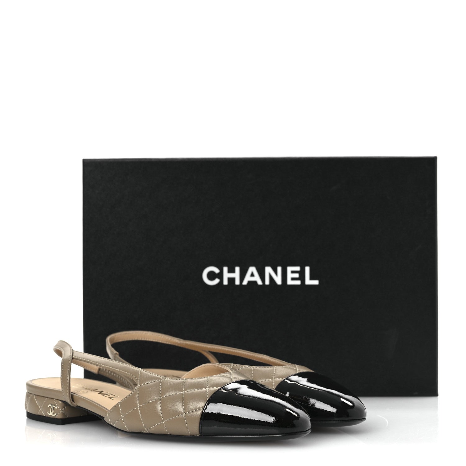 Chanel Lambskin Patent Cap Toe CC Slingback Flats 38 Beige Black 11 of 11