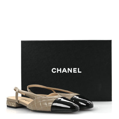 Chanel Lambskin Patent Cap Toe CC Slingback Flats 38 Beige Black 11 of 11