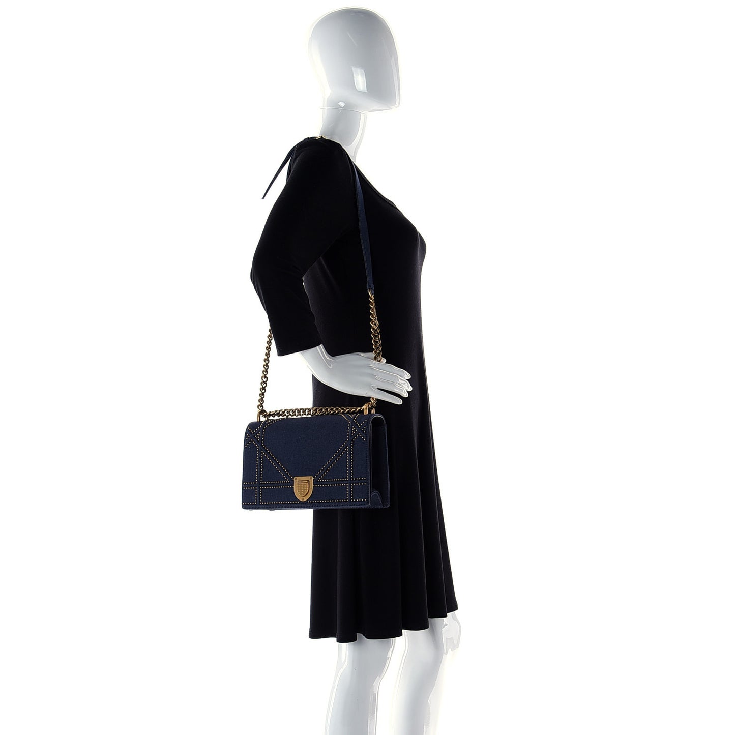 Denim Studded Medium Diorama Flap Bag Blue
