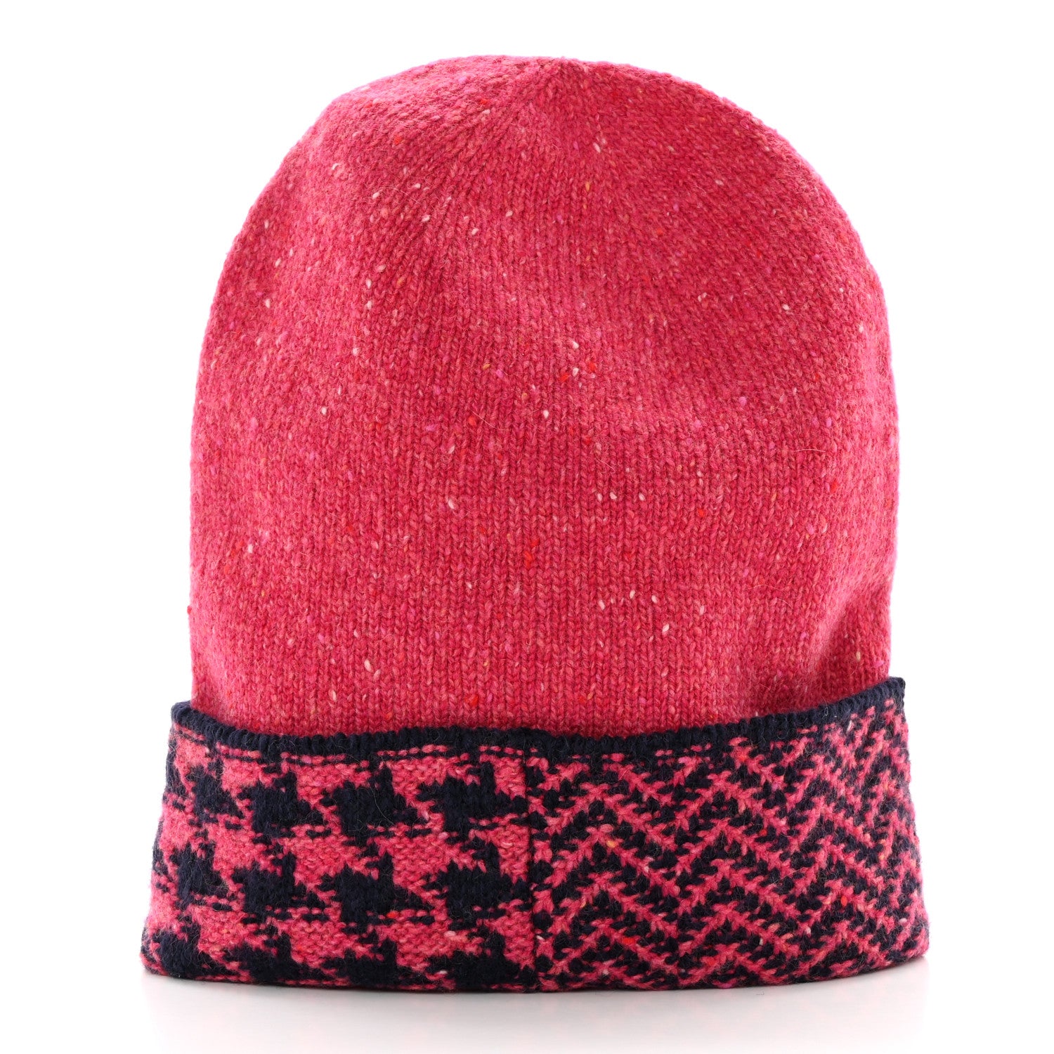 Chanel Cashmere Houndstooth CC Beanie Hat Pink Navy Blue 3 of 6