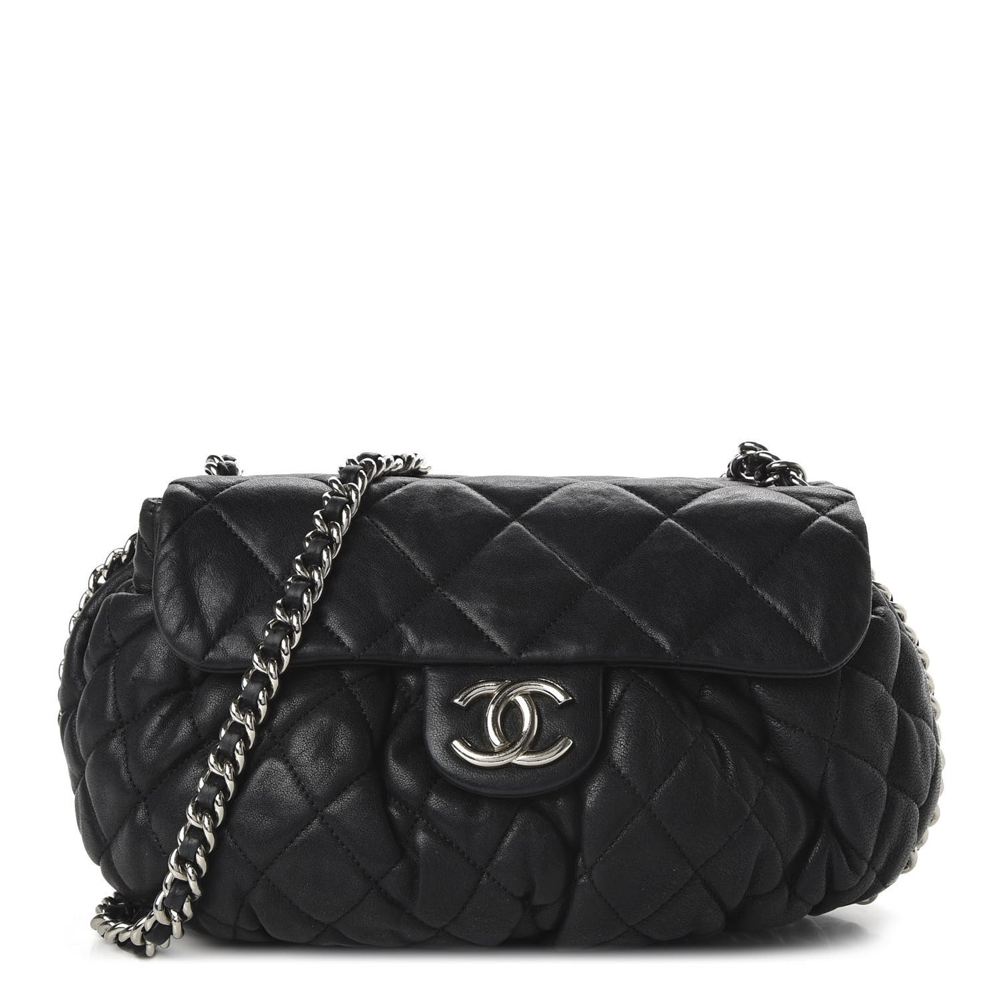 Washed Lambskin Quilted Medium Chain Around Messenger Black