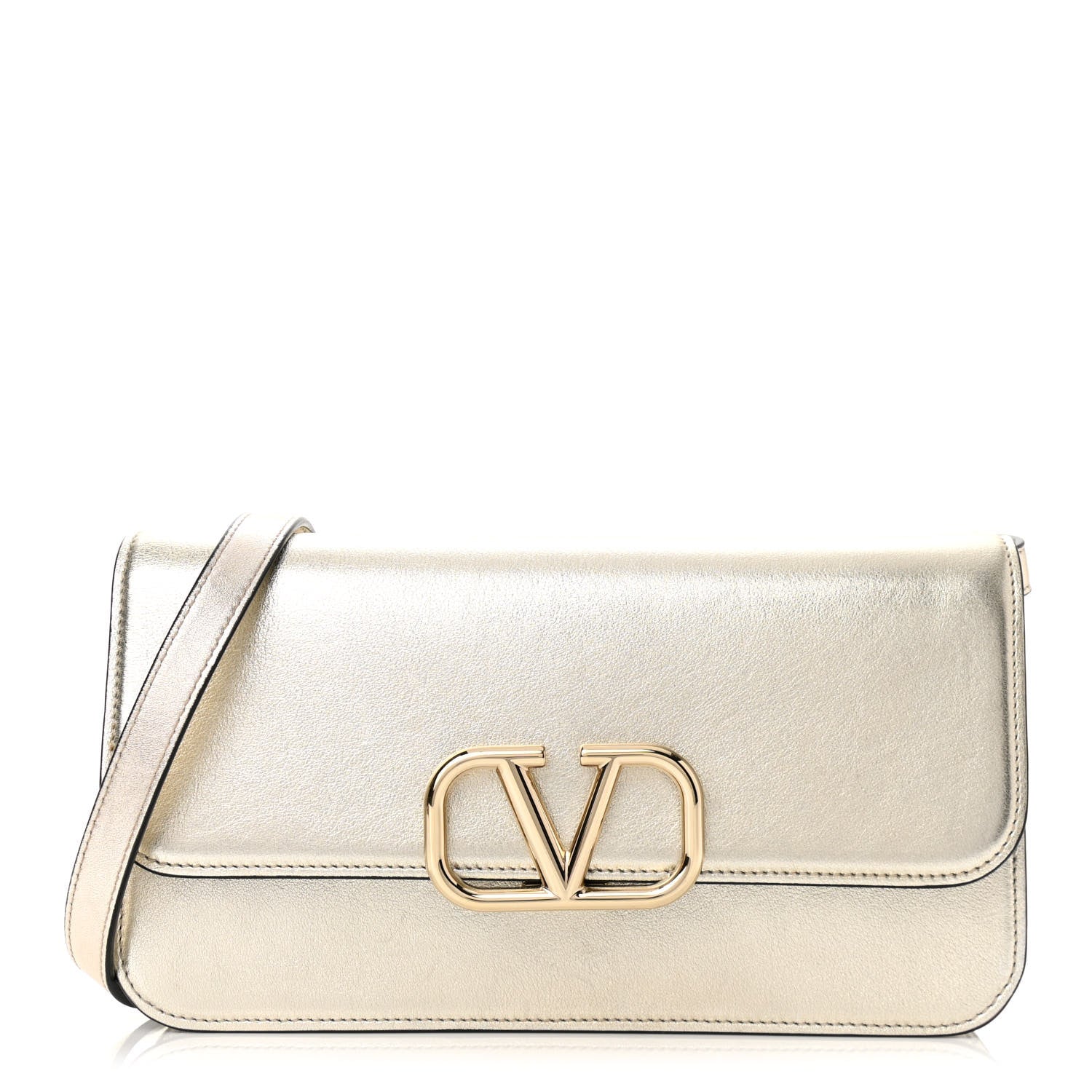 Valentino Garavani Metallic Calfskin VSling Clutch With Shoulder Strap Sahara 1 of 9