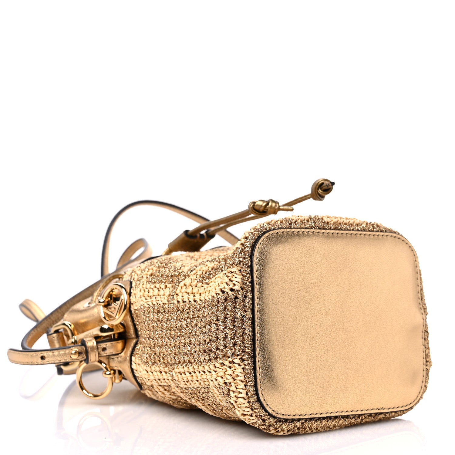 Fendi Raffia Lurex Vitello Laminato F is Fendi FF Crochet Mini Mon Tresor Bucket Bag Natural Oro 4 of 9