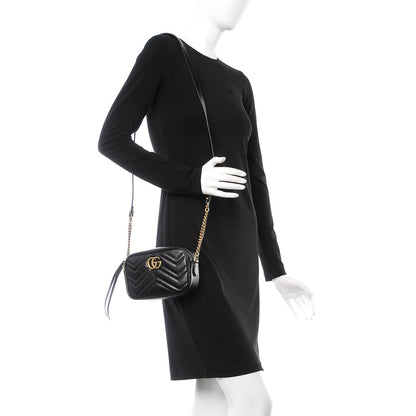 Gucci Calfskin Matelasse Mini GG Marmont Chain Shoulder Bag Black 2 of 7