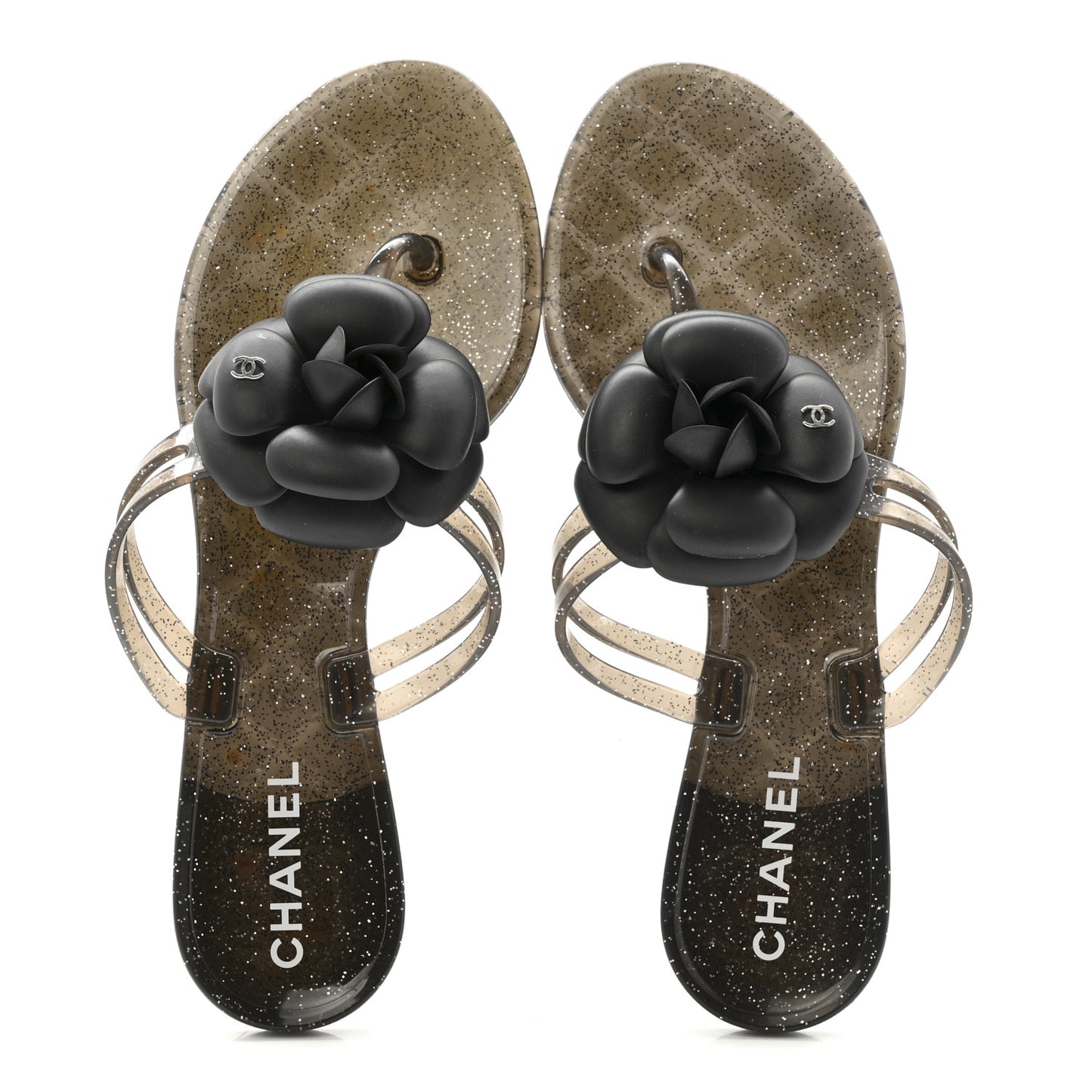 Glitter Jelly Camellia Thong Sandals 37 Black