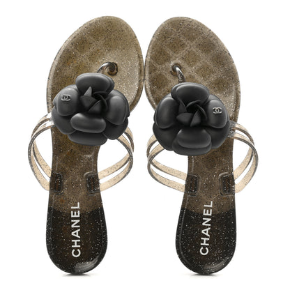 Chanel Glitter Jelly Camellia Thong Sandals 37 Black 2 of 8