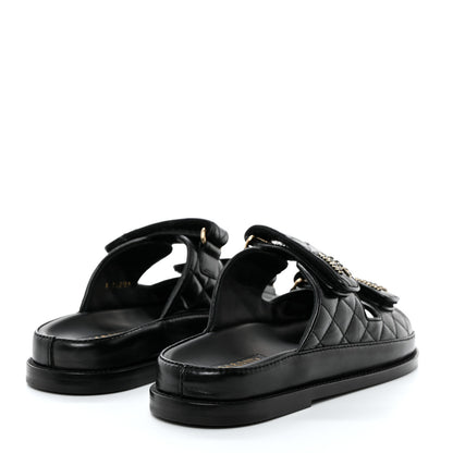Chanel Lambskin Quilted Velcro Dad Chain CC Slide Sandals 37 Black 4 of 11