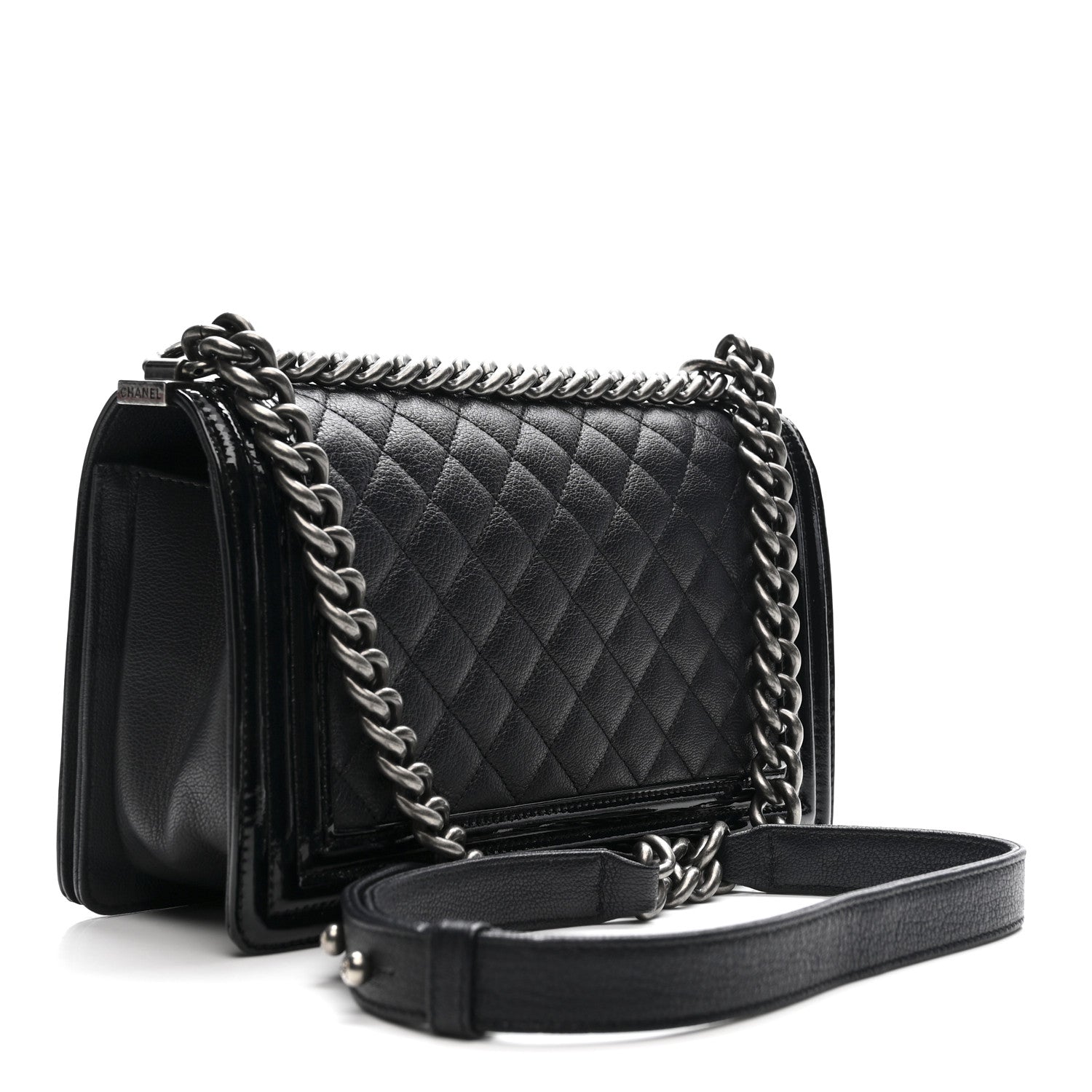 Chanel Goatskin Quilted Patent Medium Duo Boy Flap Dark Blue 3 of 13