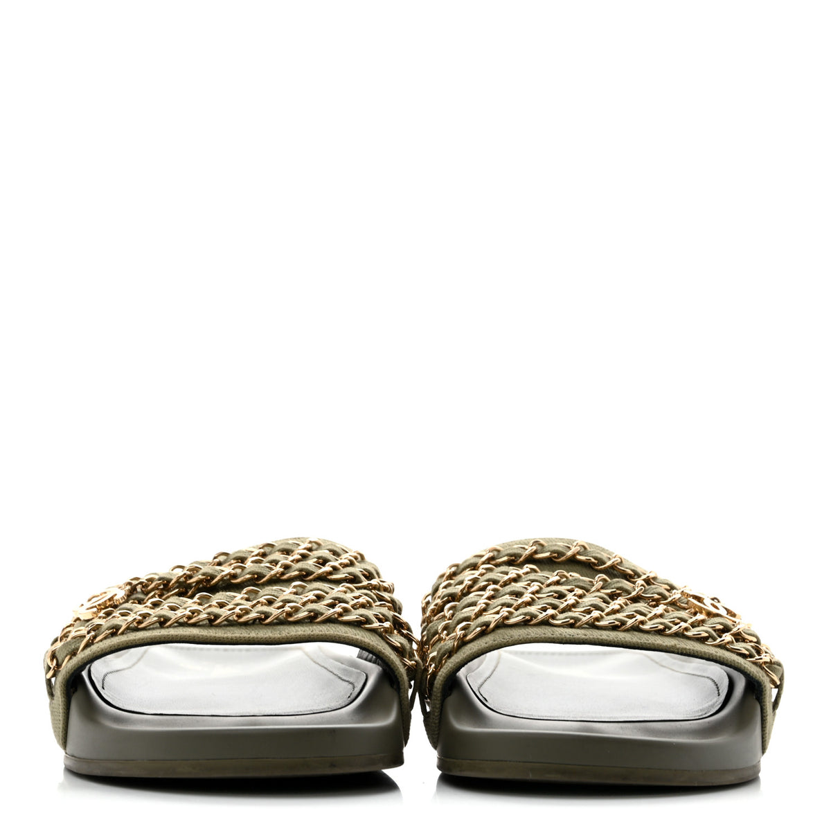 Chanel Canvas Chain Flat Sandals 38 Khaki 3 of 12