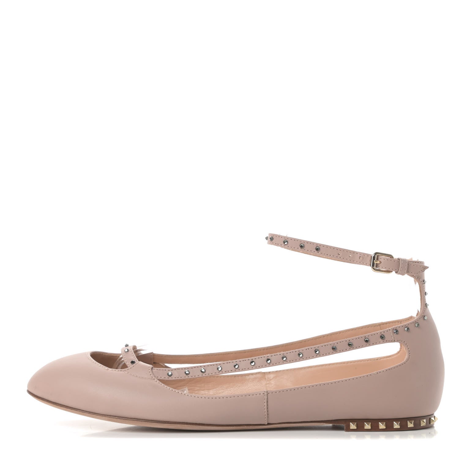 Valentino Garavani Calfskin Soul Rockstud Cut Out Ankle Strap Ballet Flats 37.5 Poudre 1 of 12