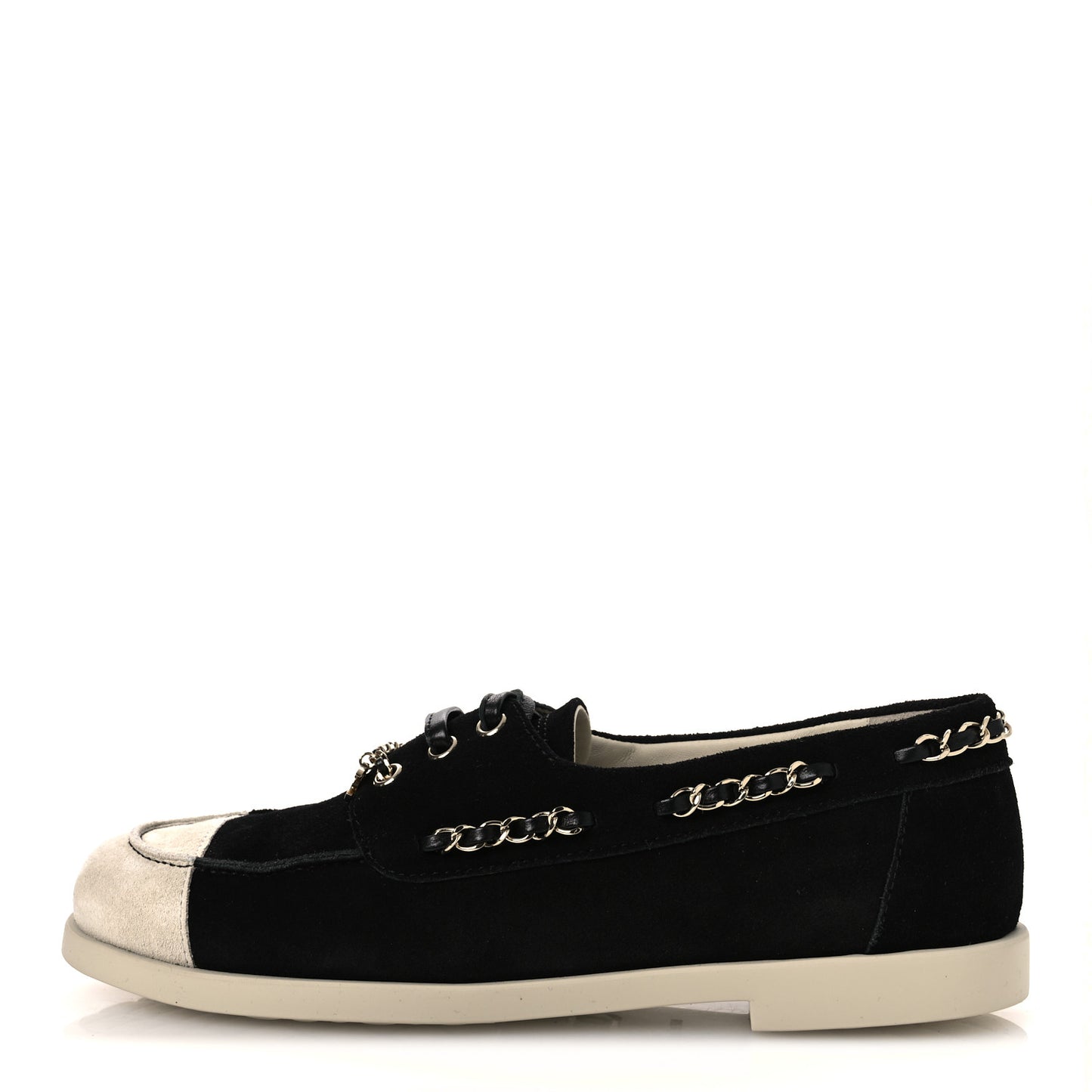 Suede Calfskin CC Chain Loafers 38.5 Black Light Gray