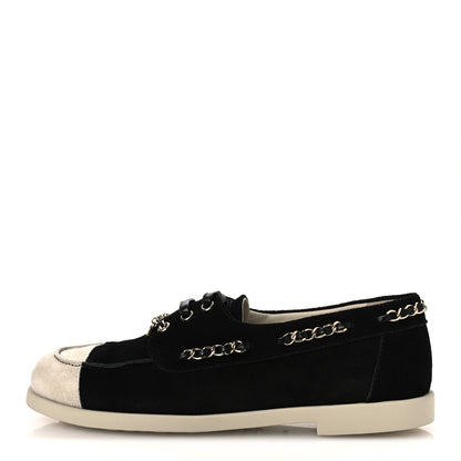 Chanel Suede Calfskin CC Chain Loafers 38.5 Black Light Gray 1 of 11