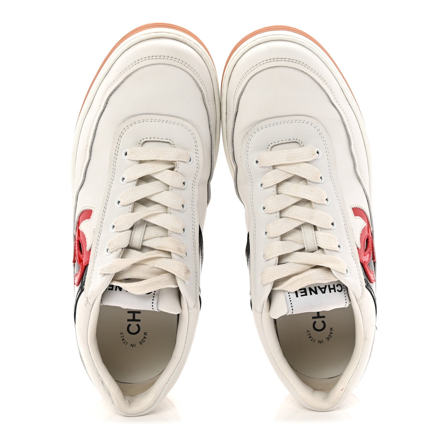 Chanel Calfskin Patent Womens CC Sneakers 38 White Black Red 2 of 10