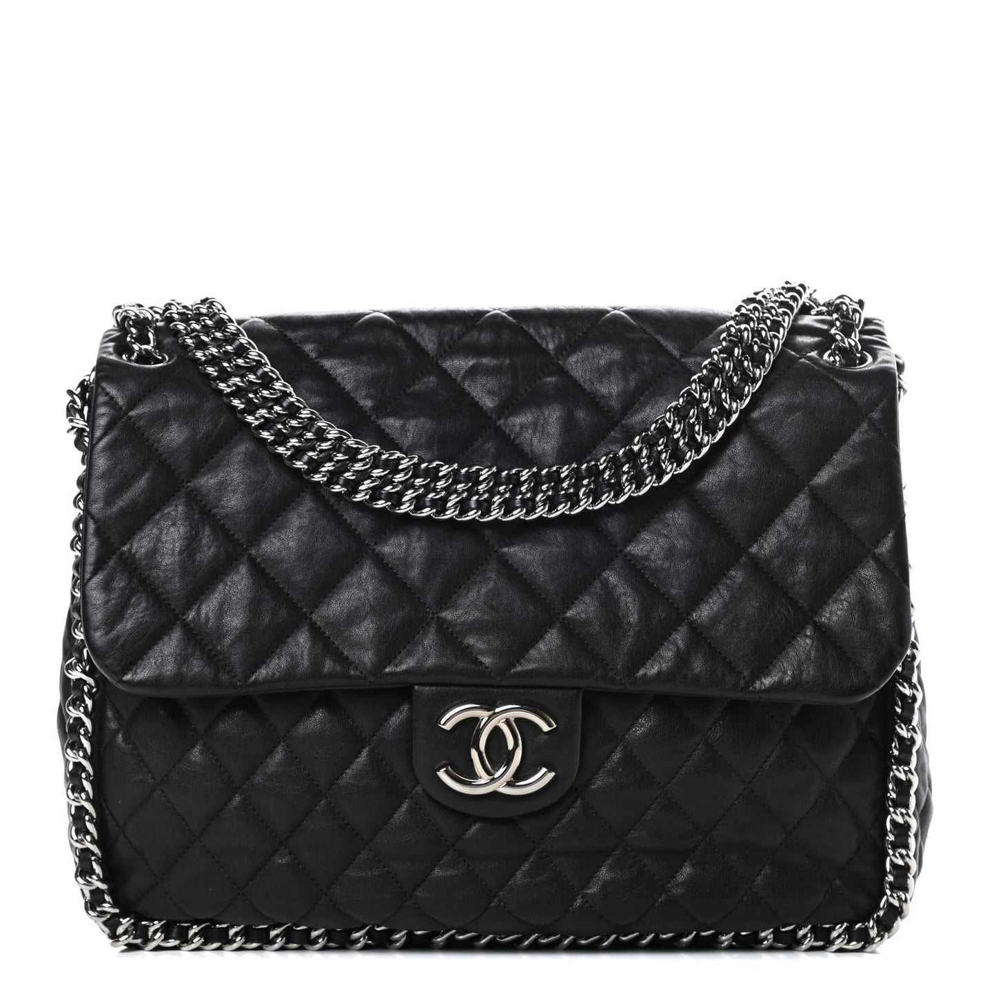 Washed Lambskin Quilted Maxi Chain Around Flap Black