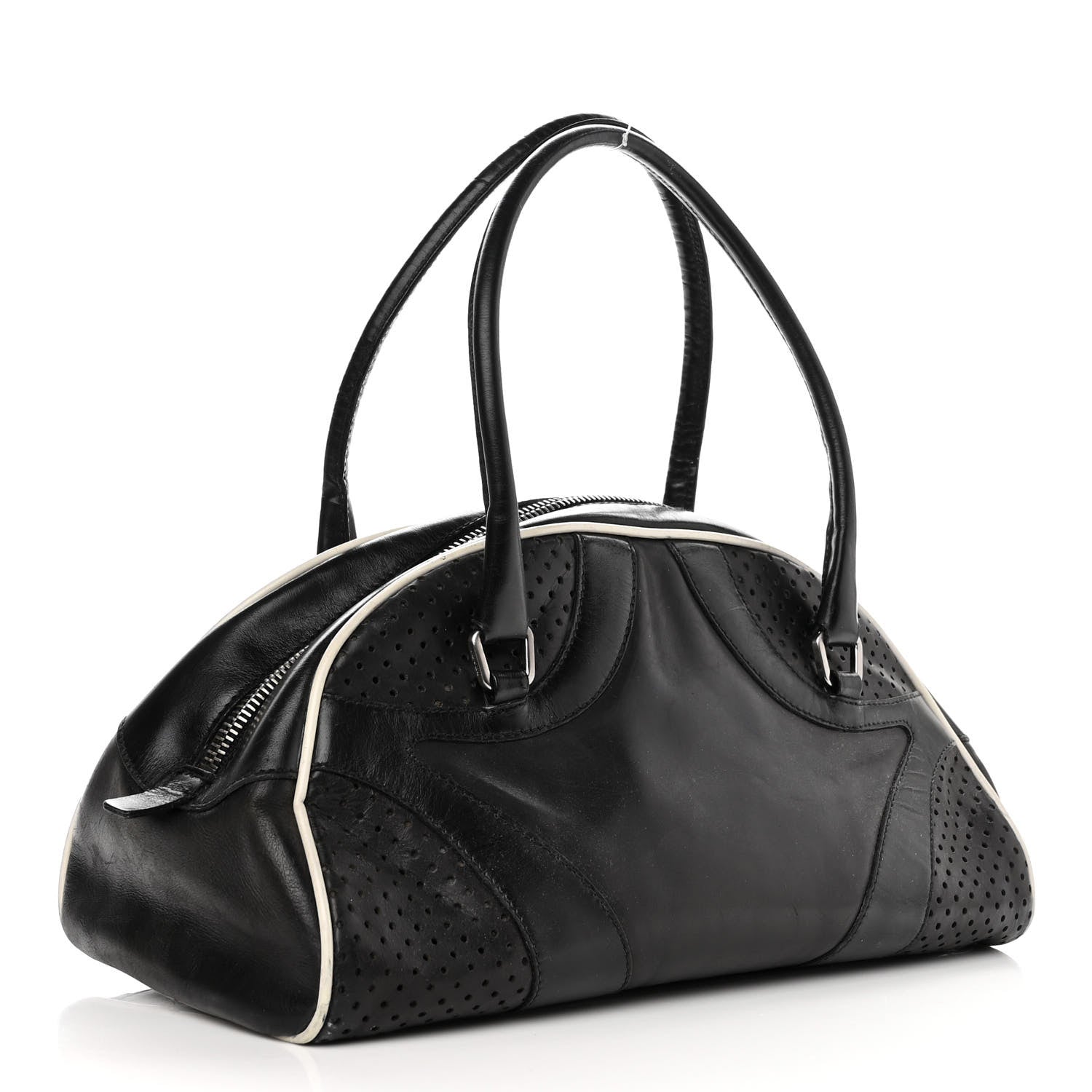 Prada Vitello Drive Perforated Bowling Bag Black 2 of 12