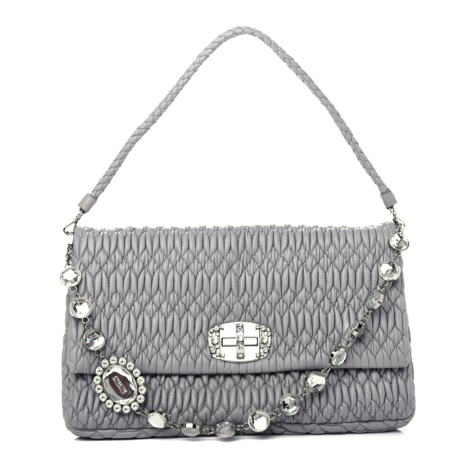Miu Miu Nappa Matelasse Crystal Flap Clutch Pomice 1 of 10