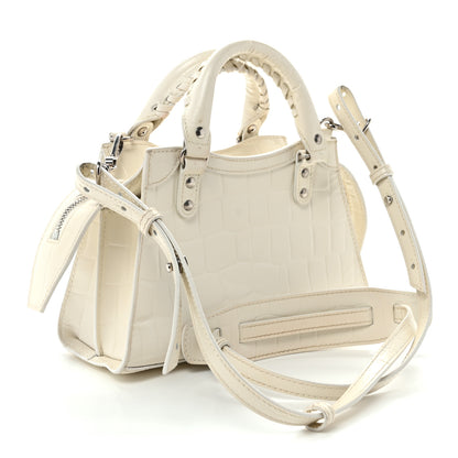 Balenciaga Semi Shiny Calfskin Crocodile Embossed Neo Classic Silver Hardware Nano City Crossbody White 3 of 15