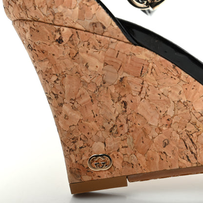 Gucci Vitello Vernice Cork Wedge Sandals 8 Black Naturale 9 of 11