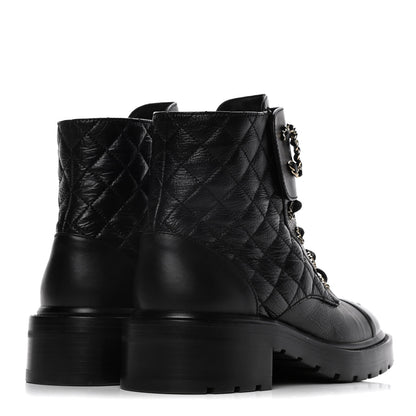 Chanel Shiny Goatskin Calfskin Quilted Lace Up Combat Boots 39 Black 4 of 7