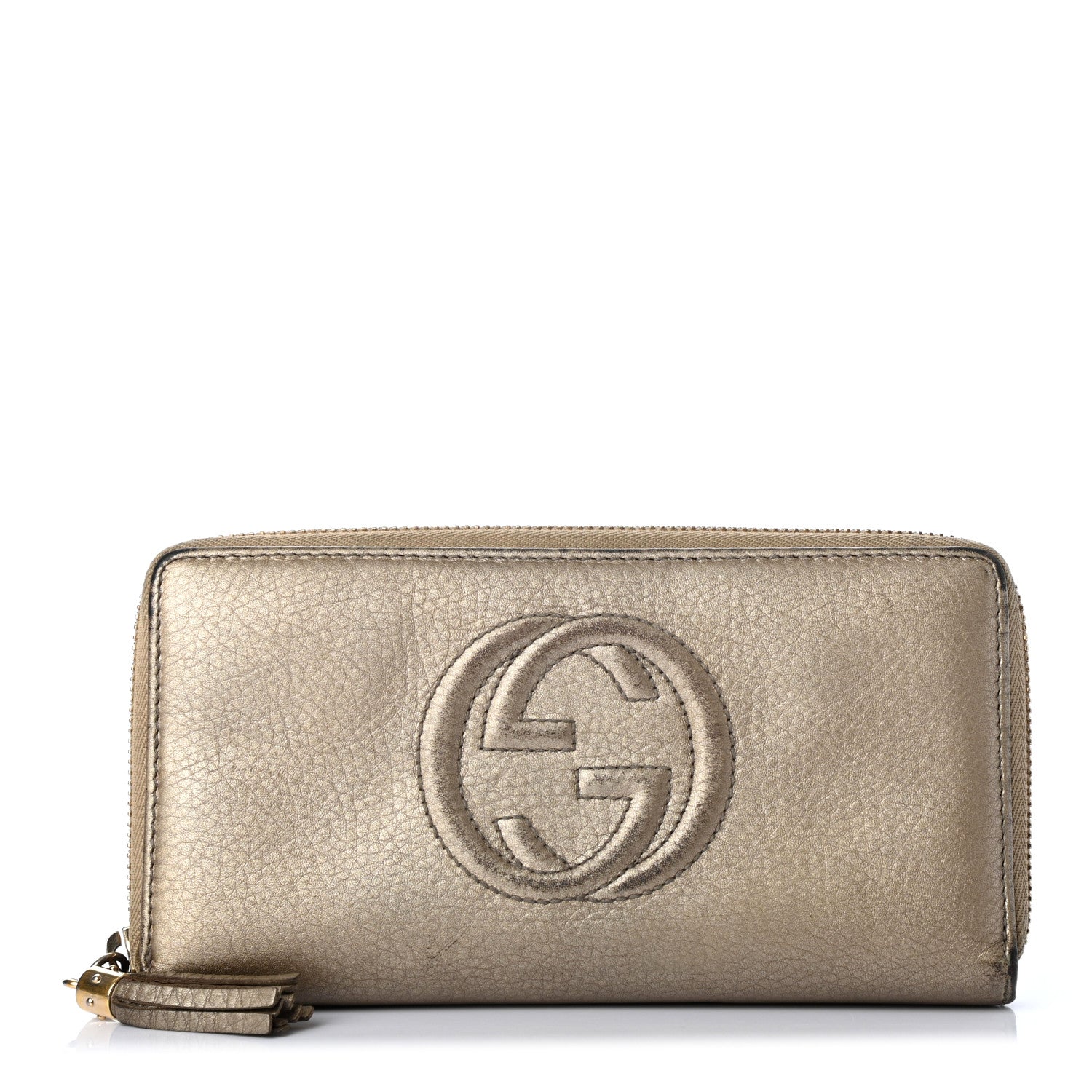 Gucci Metallic Pebbled Calfskin Soho Zip Around Wallet Golden Beige 1 of 13