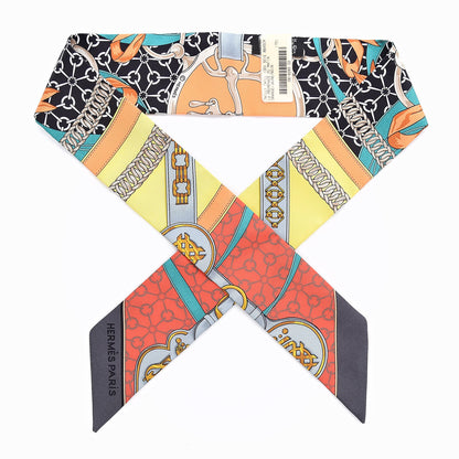 Hermes Silk La Promenade Du Matin Twilly Orange Jaune Black 1 of 4