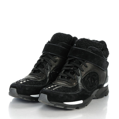 Chanel Tweed Suede Goatskin CC High Top Sneakers 37 Black White 3 of 7