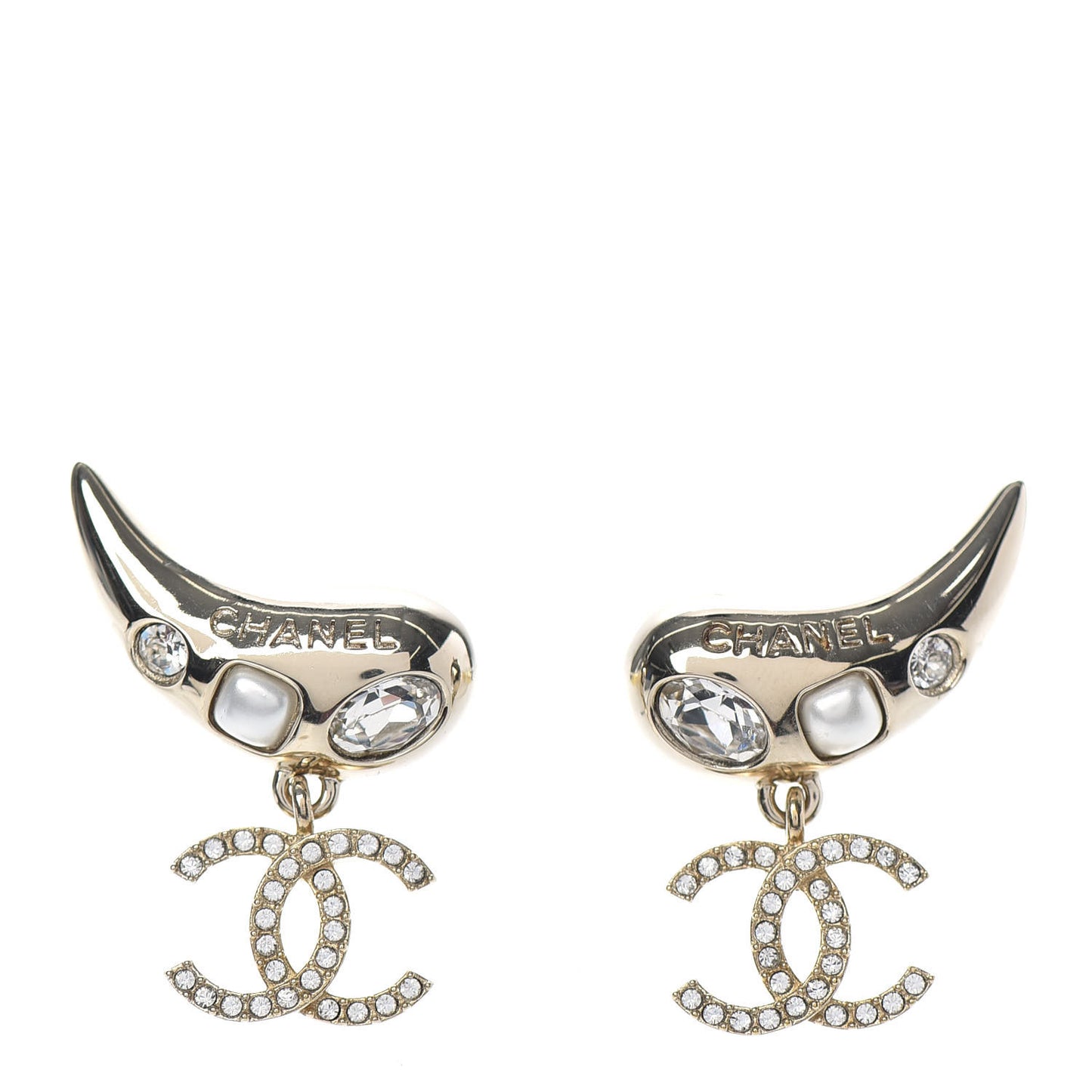 Crystal Pearl CC Drop Earrings Gold