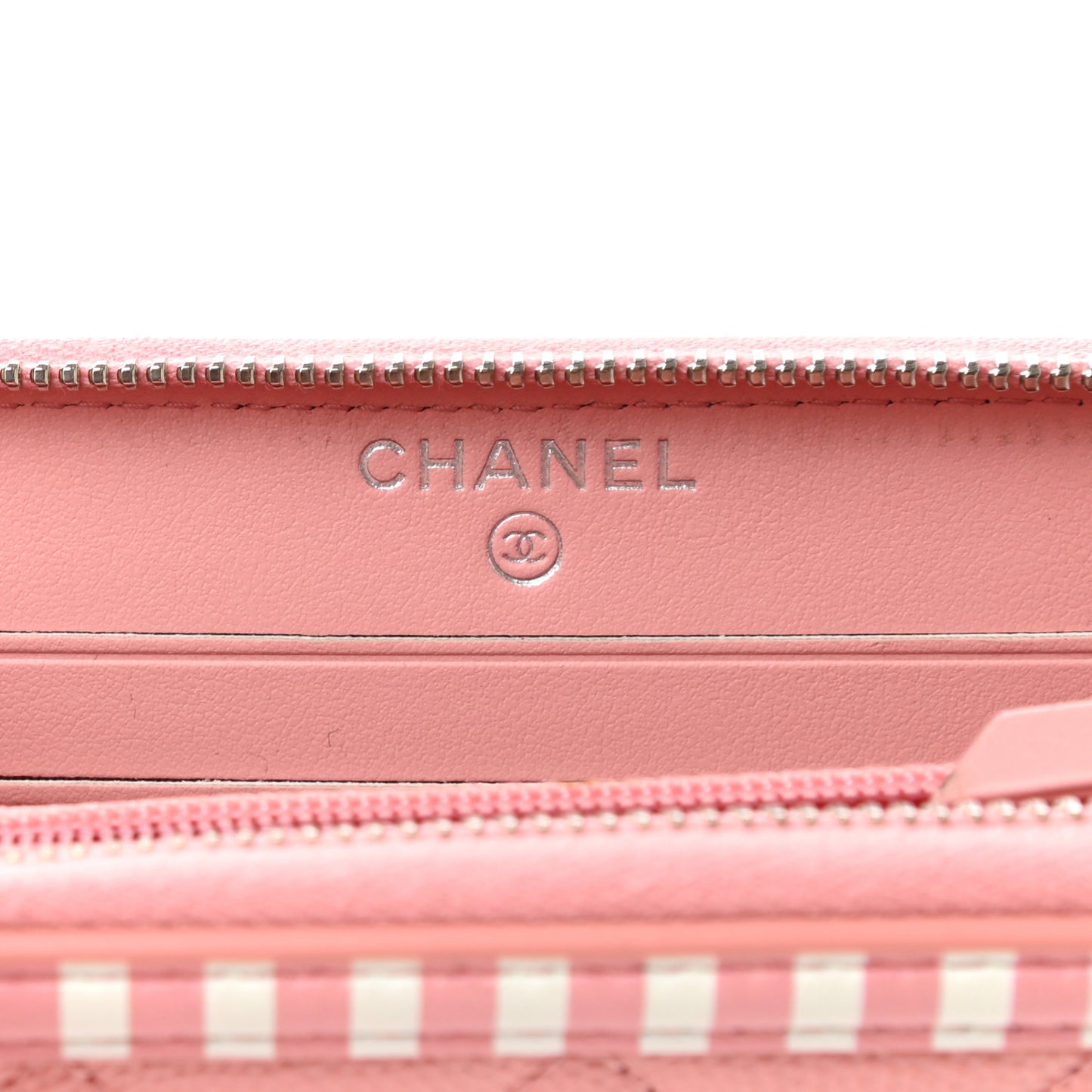 Caviar Quilted Medium Stripe Filigree Zip Around Wallet Pink White