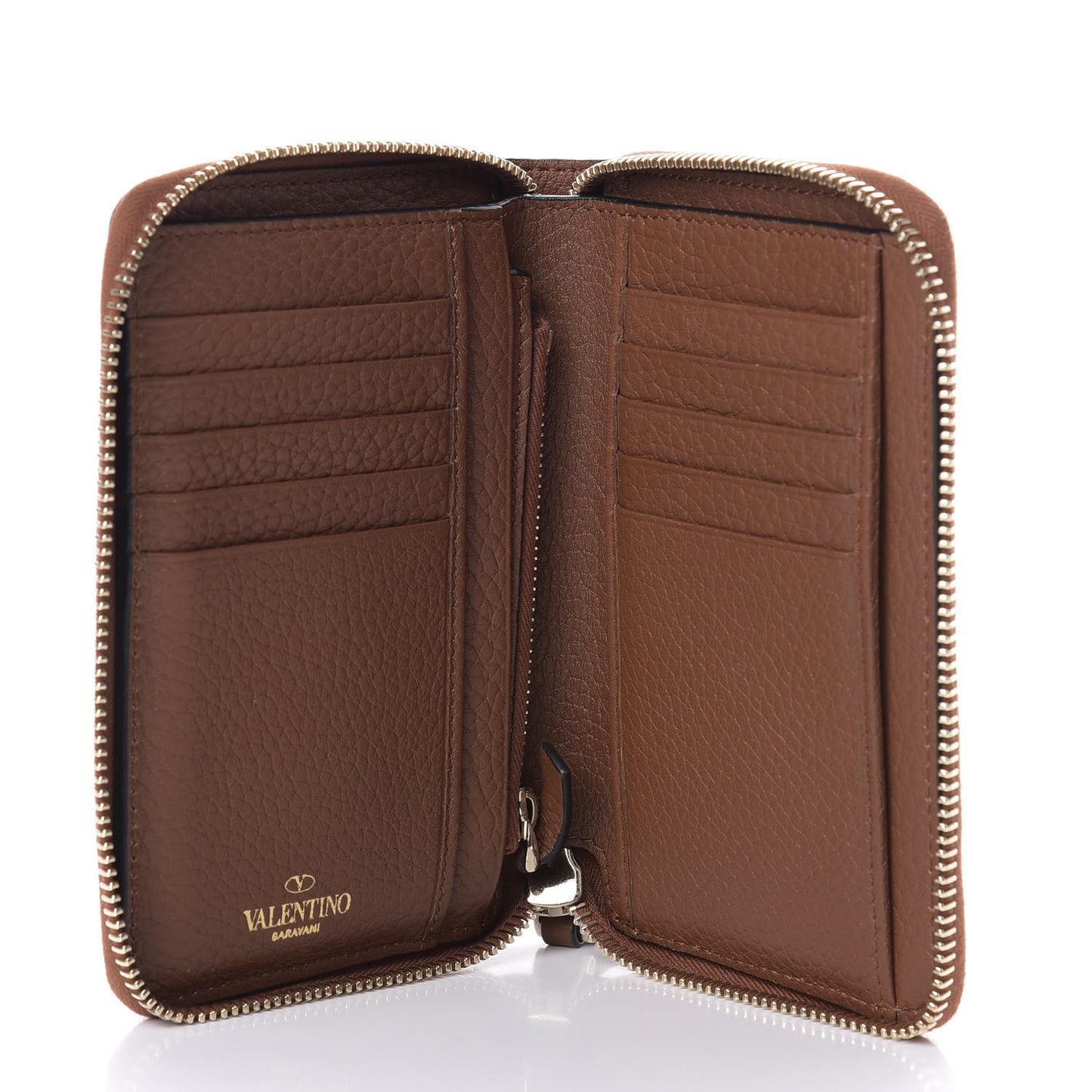 Pebbled Calfskin Rockstud Compact Zip Around Wallet Bright Cognac